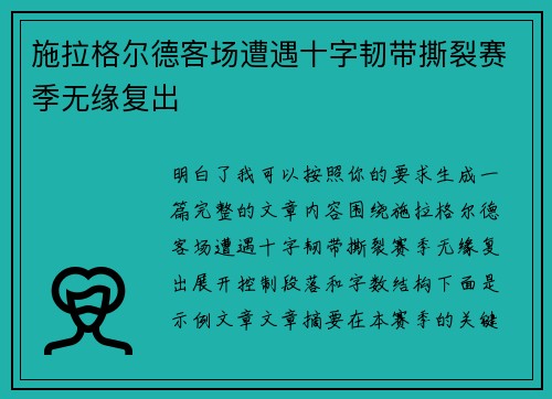 施拉格尔德客场遭遇十字韧带撕裂赛季无缘复出